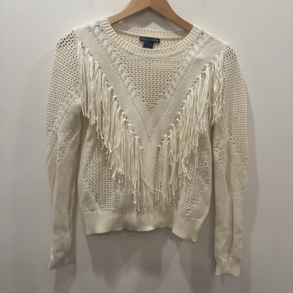 Chelsea & Theodore small Ivory cream Knit Sweater Fringe delicate western boho